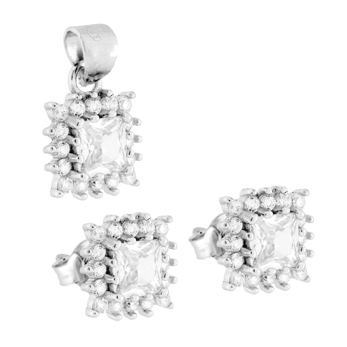 Parure Set Orecchini e Ciondolo Quadrato Princess contornato da Cubic Zirconia Bianchi in ARGENTO 925 Galvanica Rodio