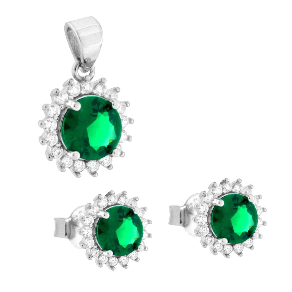 Parure Set Orecchini e Ciondolo Tondo Verde Smeraldo contornato con Cubic Zirconia Bianchi in ARGENTO 925 Galvanica Rodio