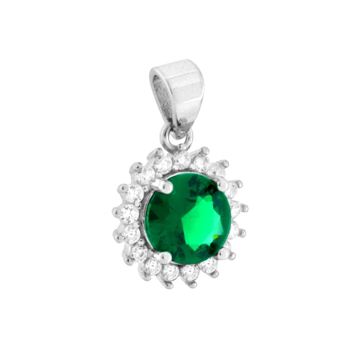Parure Set Orecchini e Ciondolo Tondo Verde Smeraldo contornato con Cubic Zirconia Bianchi in ARGENTO 925 Galvanica Rodio