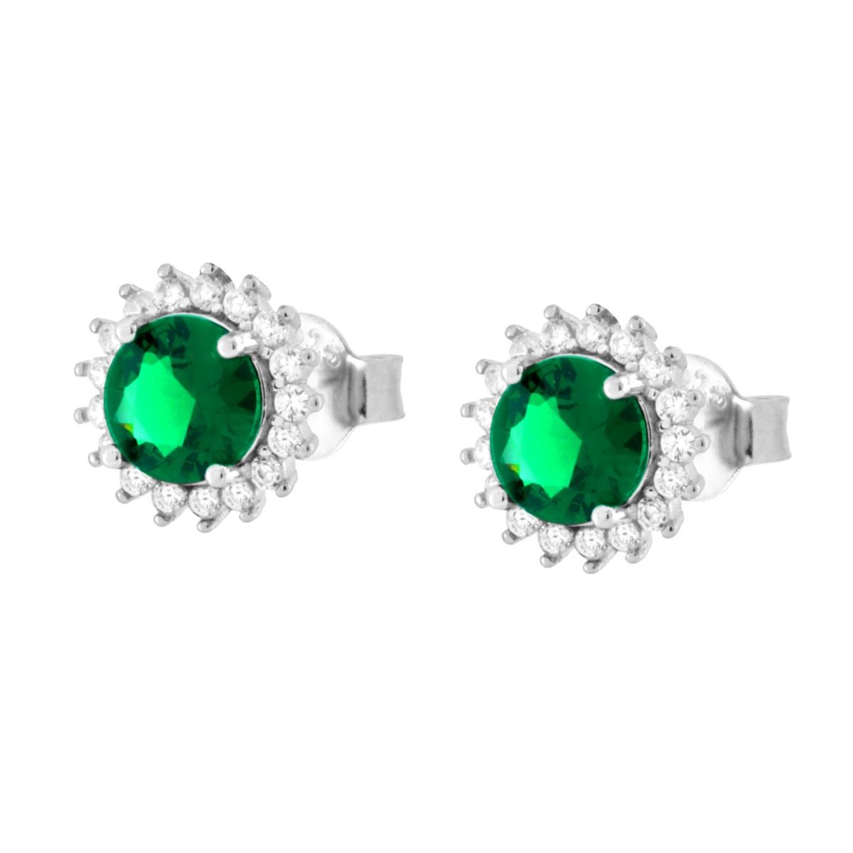 Parure Set Orecchini e Ciondolo Tondo Verde Smeraldo contornato con Cubic Zirconia Bianchi in ARGENTO 925 Galvanica Rodio