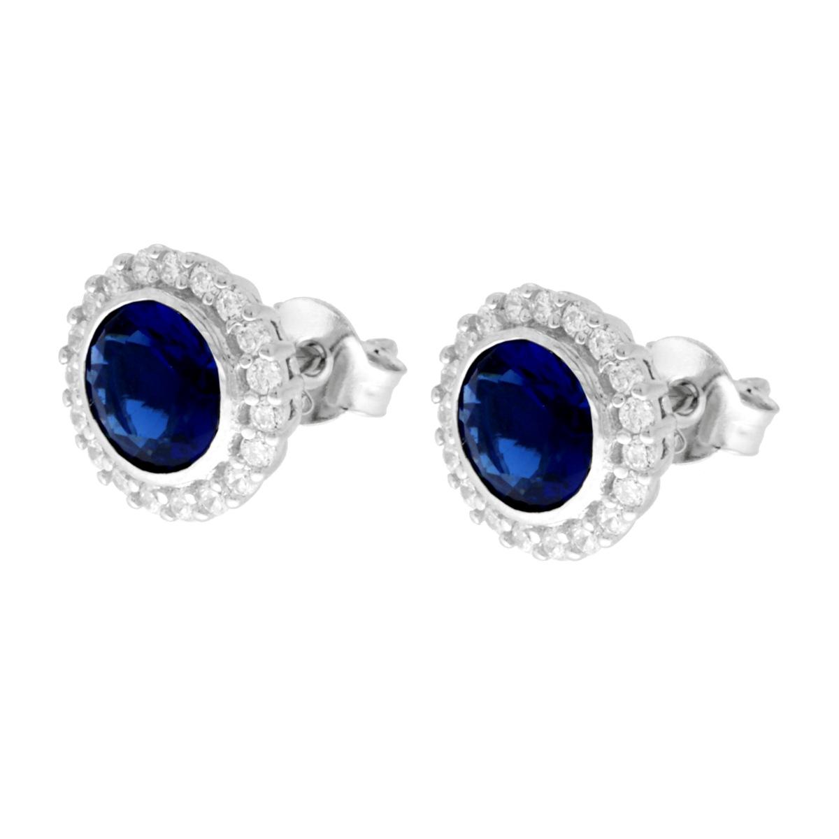 Parure Set Orecchini e Ciondolo Tondo Blu Zaffiro contornato con Cubic Zirconia Bianchi in ARGENTO 925 Galvanica Rodio