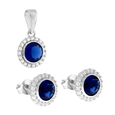 Parure Set Orecchini e Ciondolo Tondo Blu Zaffiro contornato con Cubic Zirconia Bianchi in ARGENTO 925 Galvanica Rodio