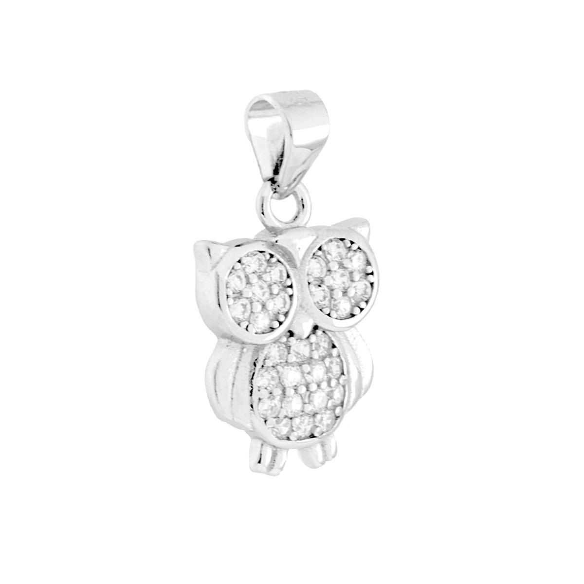 Parure Set Orecchini e Ciondolo Gufo con Cubic Zirconia Bianchi in ARGENTO 925 Galvanica Rodio