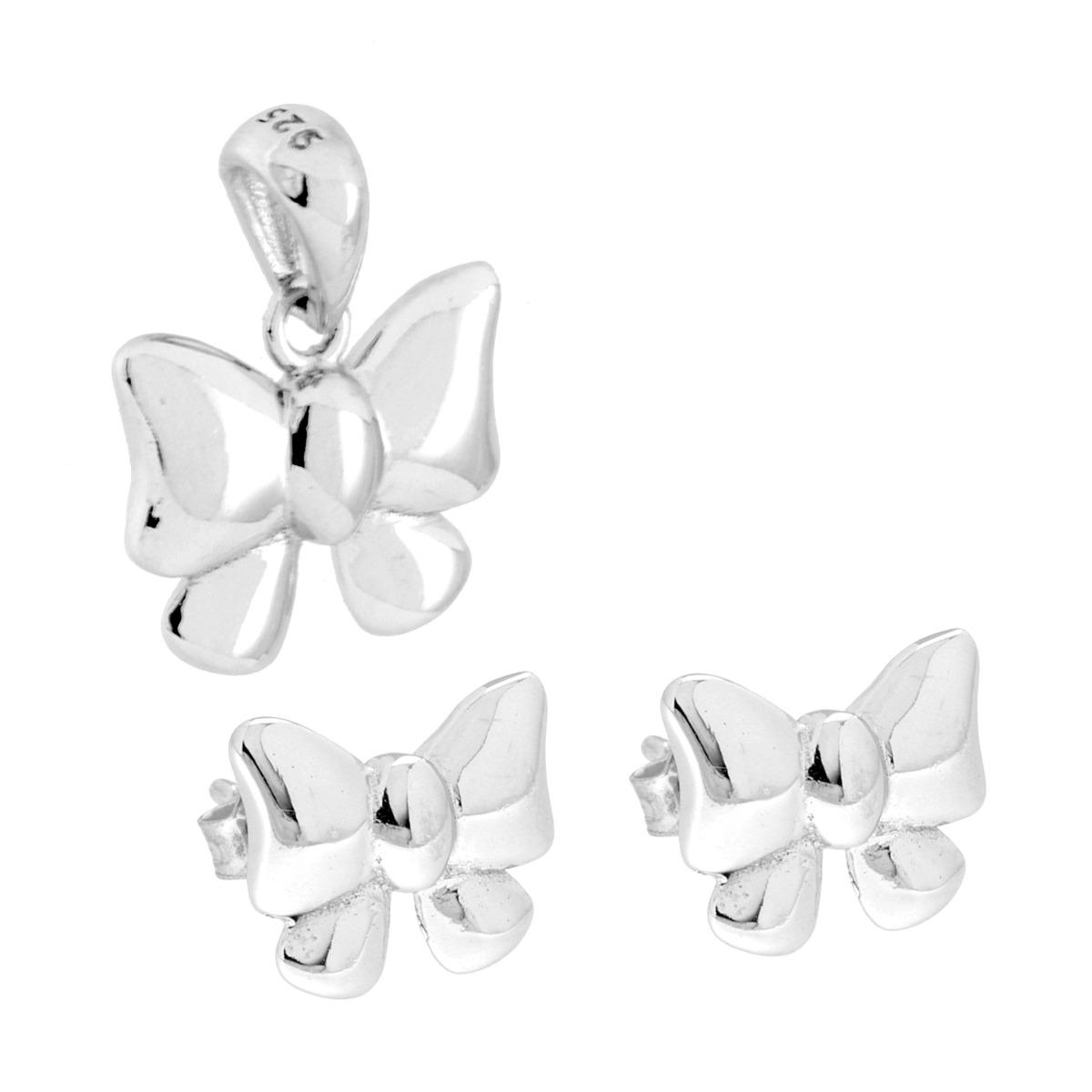 Parure Set Orecchini e Ciondolo Fiocco in ARGENTO 925 Galvanica Rodio