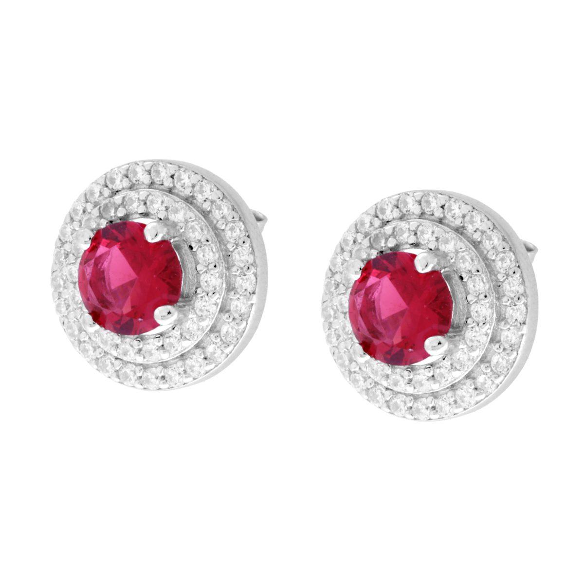 Parure Set Orecchini e Ciondolo Tondo Rosso Rubino contornato da due giri di Cubic Zirconia Bianchi in ARGENTO 925 Galvanica Rodio