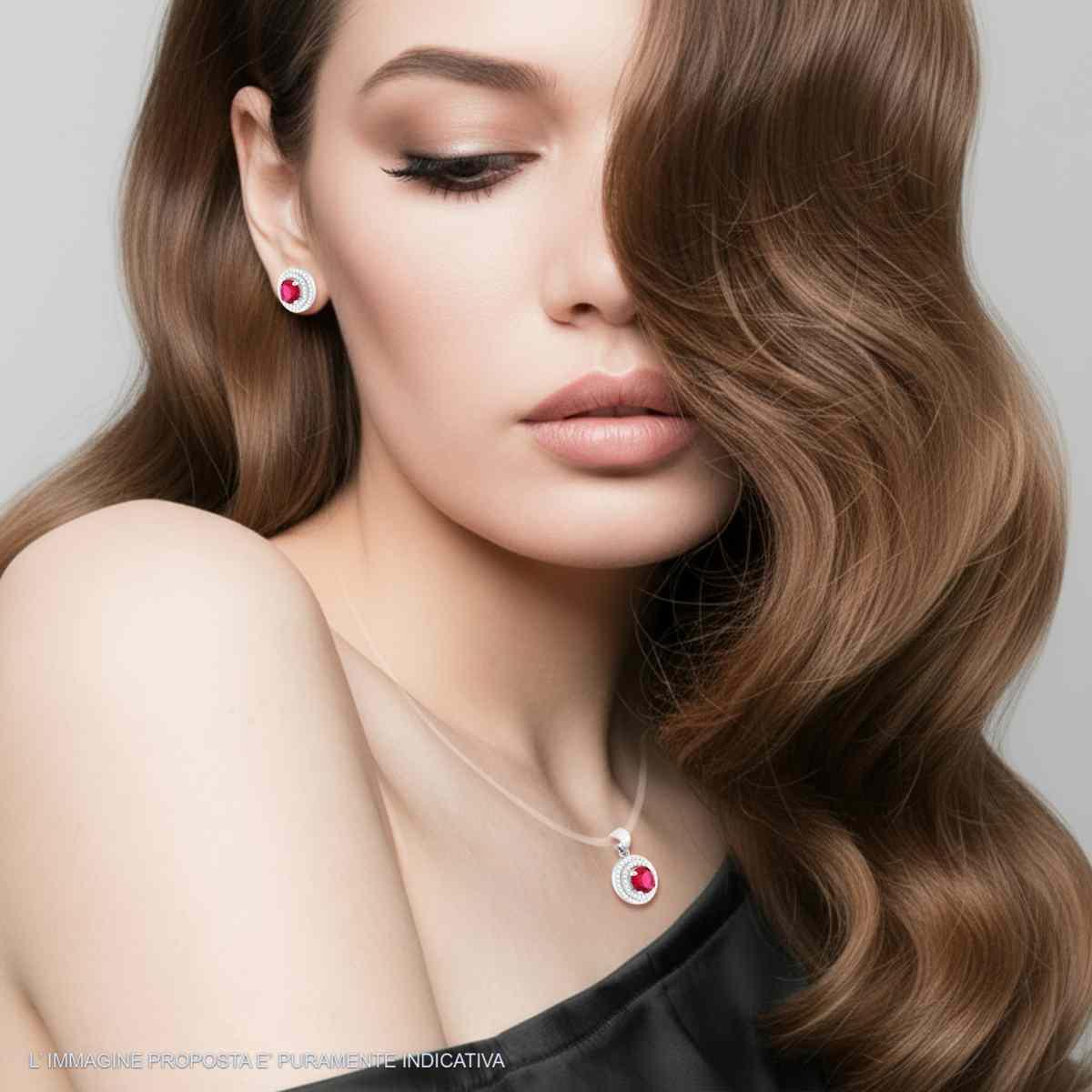 Parure Set Orecchini e Ciondolo Tondo Rosso Rubino contornato da due giri di Cubic Zirconia Bianchi in ARGENTO 925 Galvanica Rodio