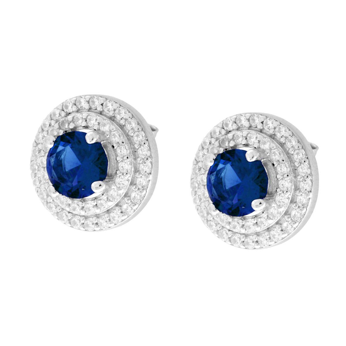 Parure Set Orecchini e Ciondolo Tondo Blu Zaffiro contornato da due giri di Cubic Zirconia Bianchi in ARGENTO 925 Galvanica Rodio