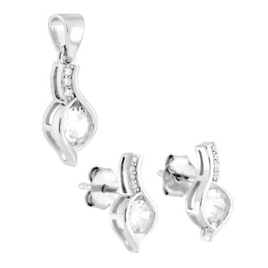 Parure Set Orecchini e Ciondolo Foglia con Punto Luce Cubic Zirconia Bianchi in ARGENTO 925 Galvanica Rodio