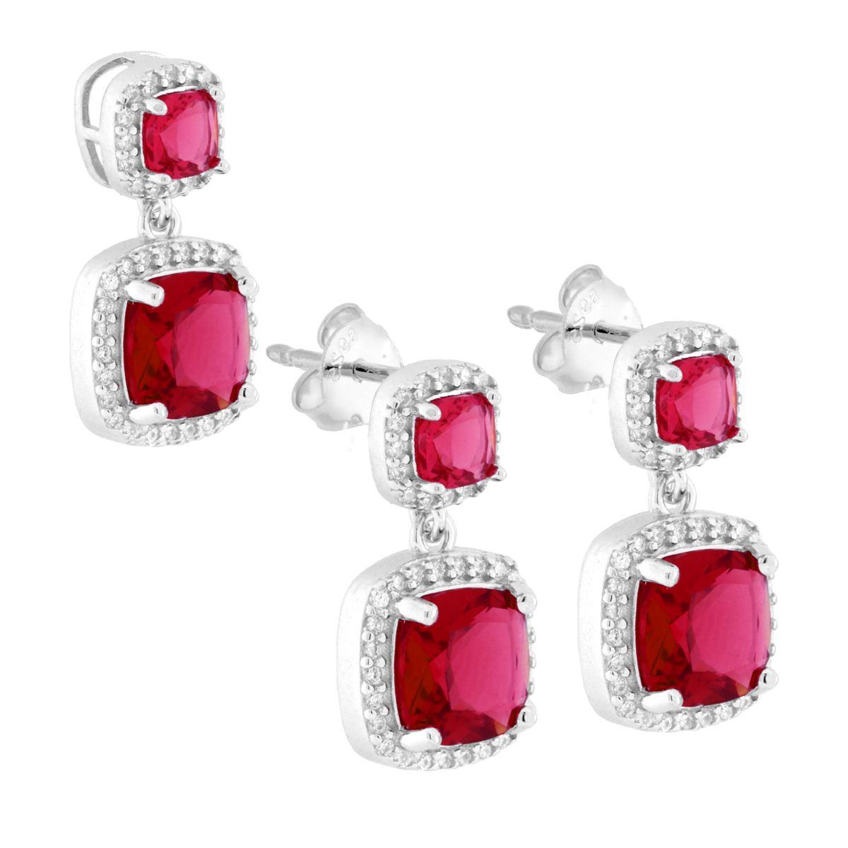 Parure Set Orecchini e Ciondolo Quadrato Rosso Rubino contornato da Cubic Zirconia Bianchi in ARGENTO 925 Galvanica Rodio