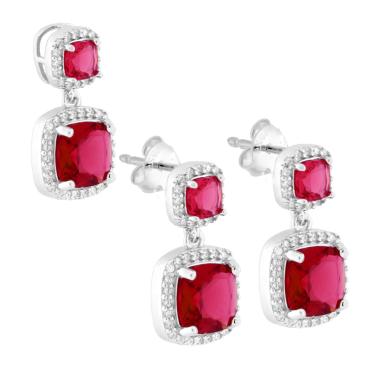 Parure Set Orecchini e Ciondolo Quadrato Rosso Rubino contornato da Cubic Zirconia Bianchi in ARGENTO 925 Galvanica Rodio