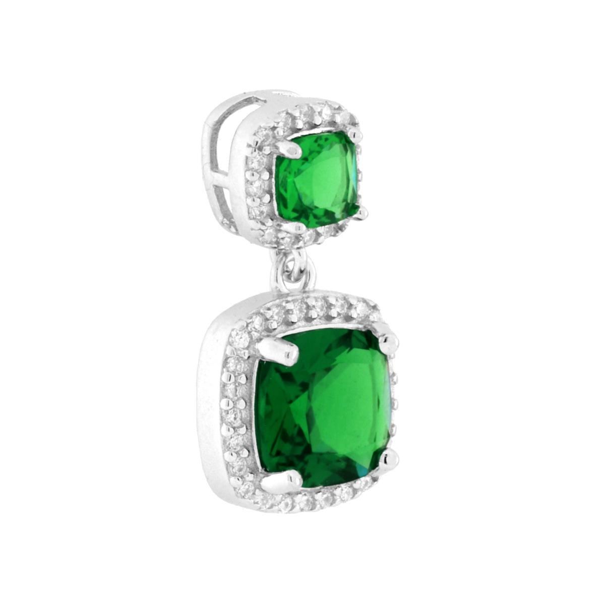 Parure Set Orecchini e Ciondolo Quadrato Cushion Verde Smeraldo contornato da Cubic Zirconia Bianchi in ARGENTO 925 Galvanica Rodio
