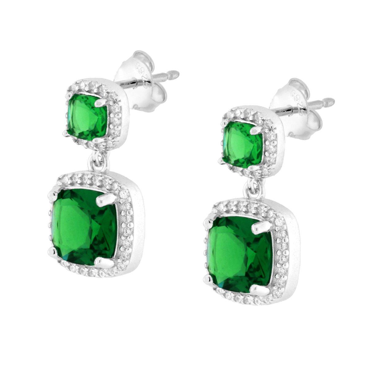 Parure Set Orecchini e Ciondolo Quadrato Cushion Verde Smeraldo contornato da Cubic Zirconia Bianchi in ARGENTO 925 Galvanica Rodio