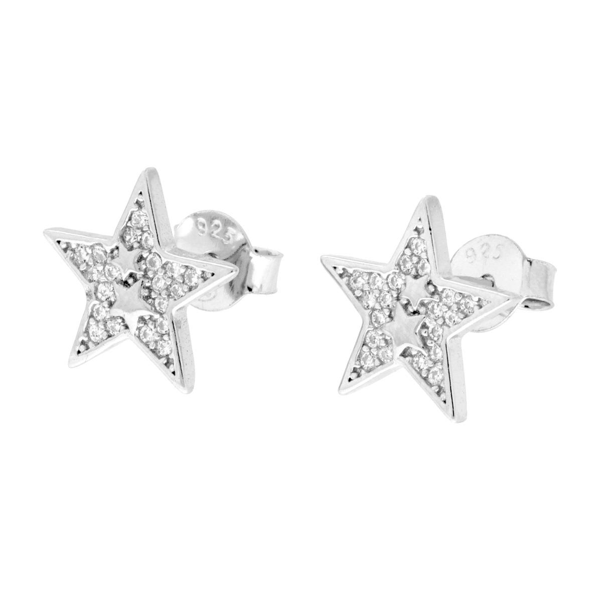 Parure Set Orecchini e Ciondolo Stella con Cubic Zirconia Bianchi in ARGENTO 925 Galvanica Rodio