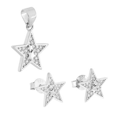 Parure Set Orecchini e Ciondolo Stella con Cubic Zirconia Bianchi in ARGENTO 925 Galvanica Rodio