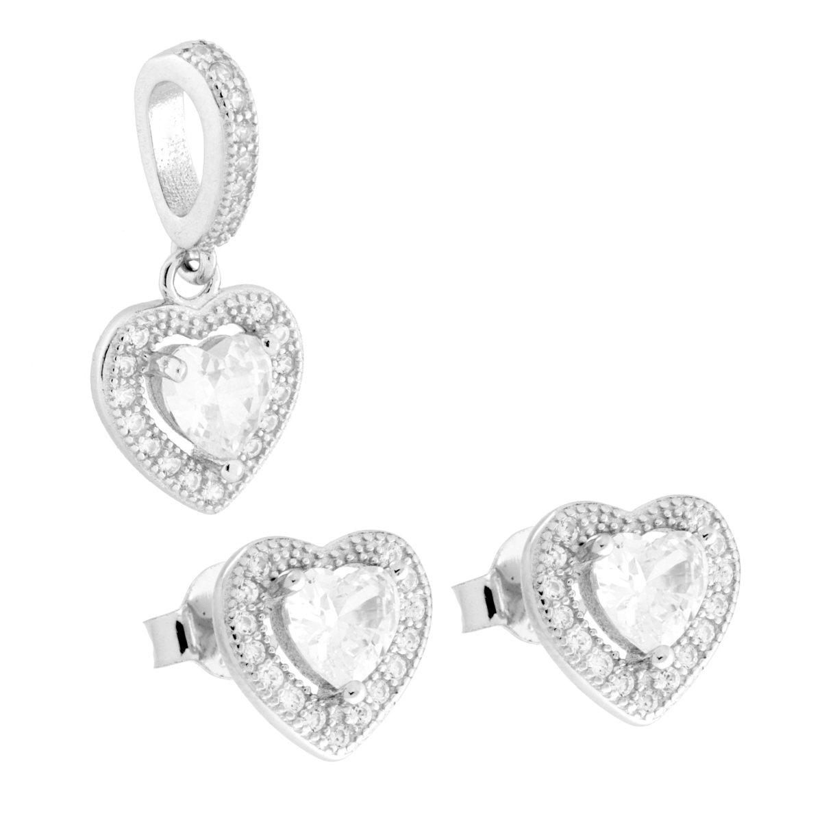 Parure Set Orecchini e Ciondolo Cuore con Cubic Zirconia Bianchi in ARGENTO 925 Galvanica Rodio