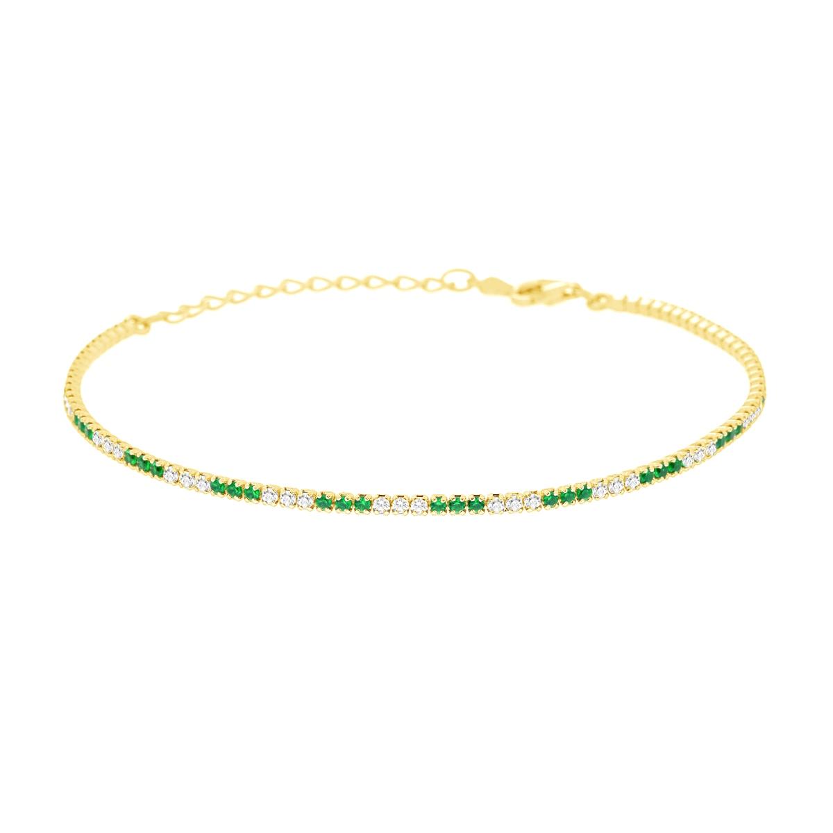Bracciale Tennis Griffe cm 16+3 con Cubic Zirconia mm 1.5 alternati Verde Smeraldo e Bianchi in ARGENTO 925 Galvanica Oro