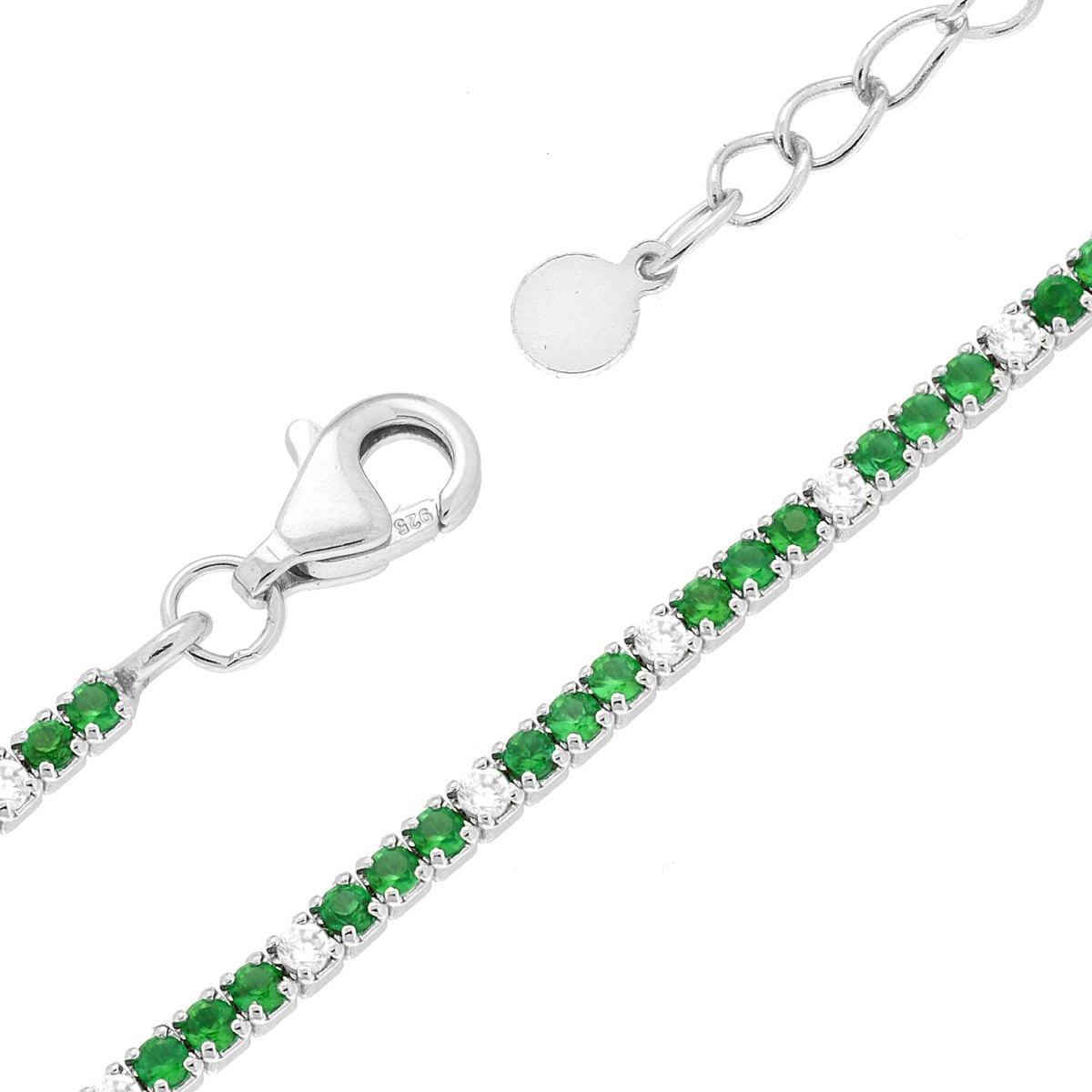 Bracciale Tennis Griffe cm 16+3 con Cubic Zirconia mm 1.5 alternati Verde Smeraldo e Bianchi in ARGENTO 925 Galvanica Rodio