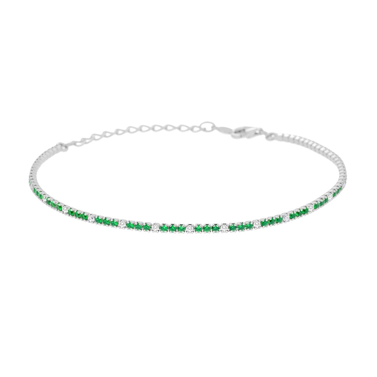 Bracciale Tennis Griffe cm 16+3 con Cubic Zirconia mm 1.5 alternati Verde Smeraldo e Bianchi in ARGENTO 925 Galvanica Rodio