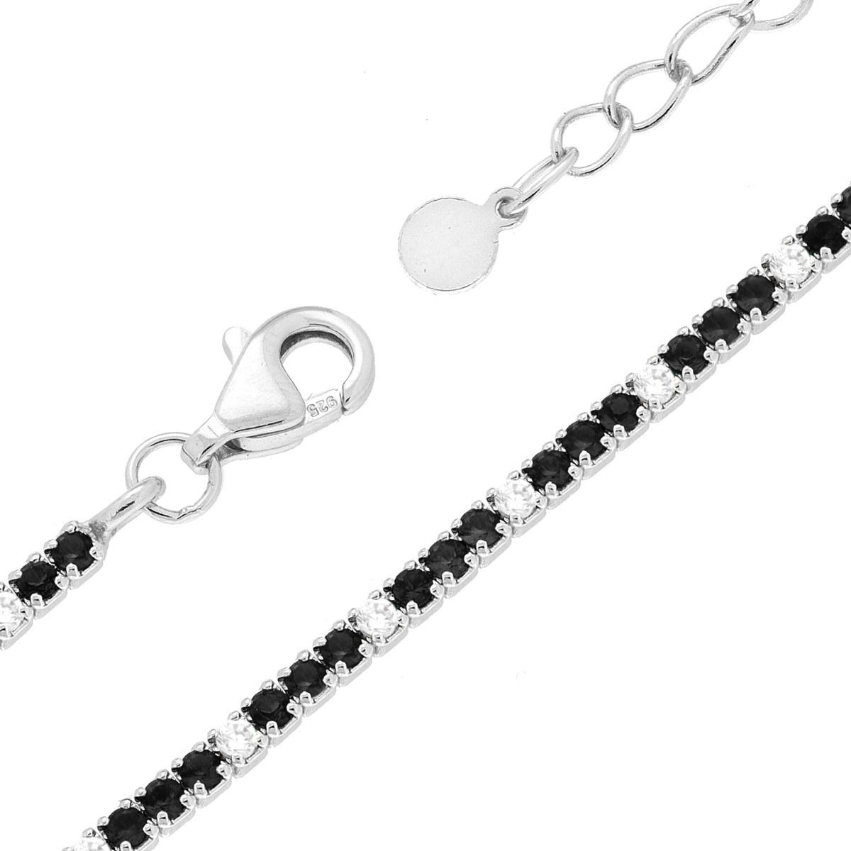 Bracciale Tennis Griffe cm 16+3 con Cubic Zirconia mm 1.5 alternati Nero e Bianchi in ARGENTO 925 Galvanica Rodio