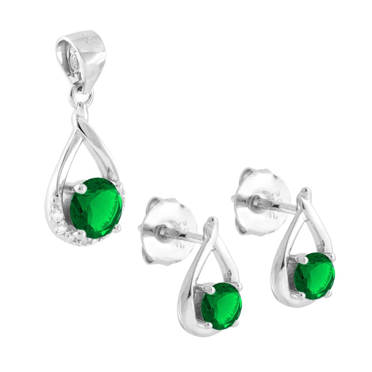 Parure Set Orecchini e Ciondolo Goccia con Punto Luce Verde Smeraldo e Cubic Zirconia Bianchi in ARGENTO 925 Galvanica Rodio
