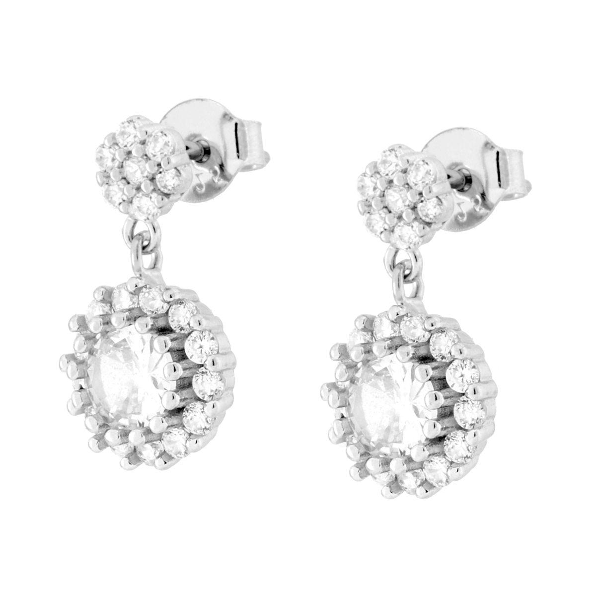 Parure Set Orecchini e Ciondolo Tondo Pendente Bianco contornato da Cubic Zirconia Bianchi in ARGENTO 925 Galvanica Rodio
