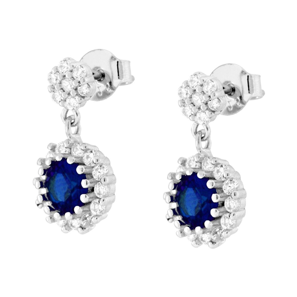 Parure Set Orecchini e Ciondolo Tondo Pendente Blu Zaffiro contornato da Cubic Zirconia Bianchi in ARGENTO 925 Galvanica Rodio