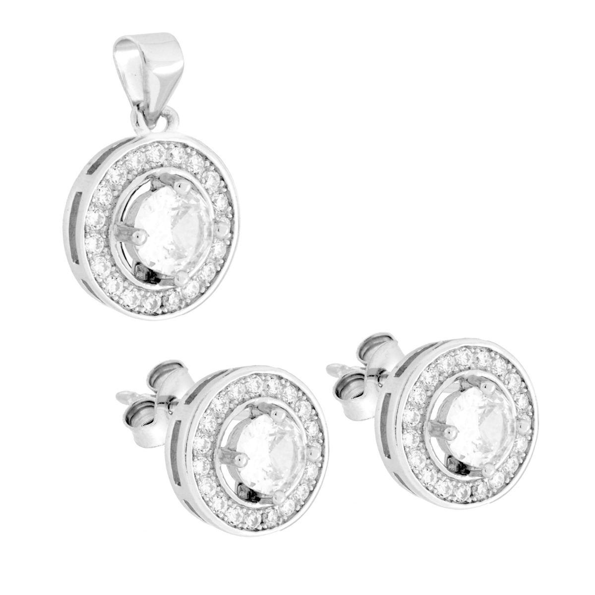 Parure Set Orecchini e Ciondolo Tondo Bianco contornato da Cubic Zirconia Bianchi in ARGENTO 925 Galvanica Rodio