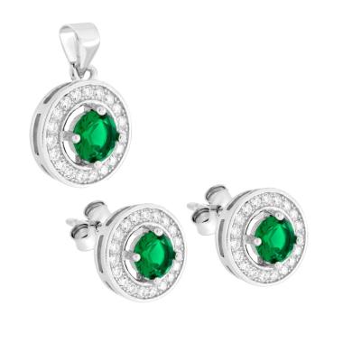 Parure Set Orecchini e Ciondolo Tondo Verde Smeraldo contornato con Cubic Zirconia Bianchi in ARGENTO 925 Galvanica Rodio