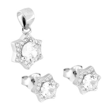 Parure Set Orecchini e Ciondolo Stella con Tondo Bianco contornato da Cubic Zirconia Bianchi in ARGENTO 925 Galvanica Rodio