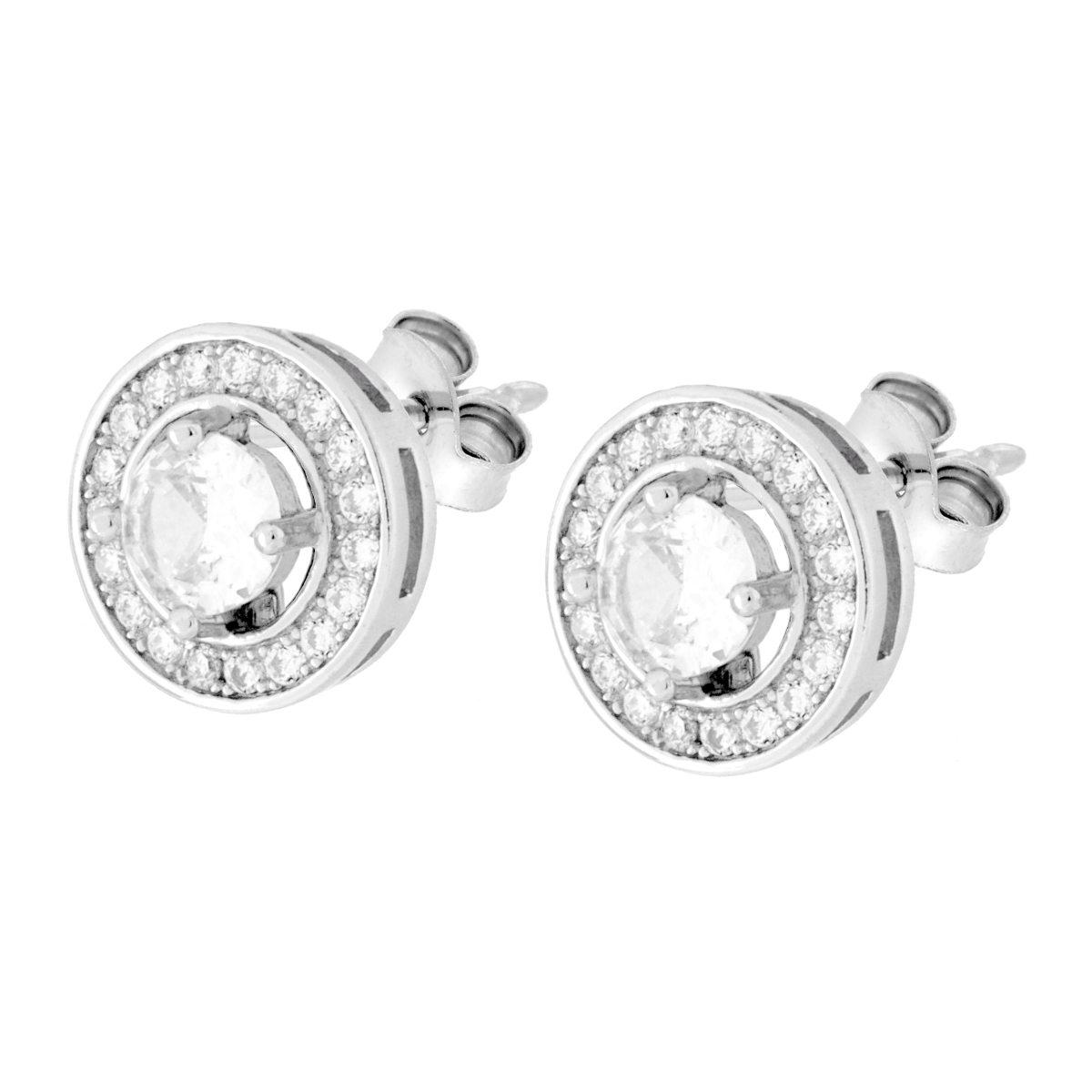 Parure Set Orecchini e Ciondolo Tondo Bianco contornato da Cubic Zirconia Bianchi in ARGENTO 925 Galvanica Rodio