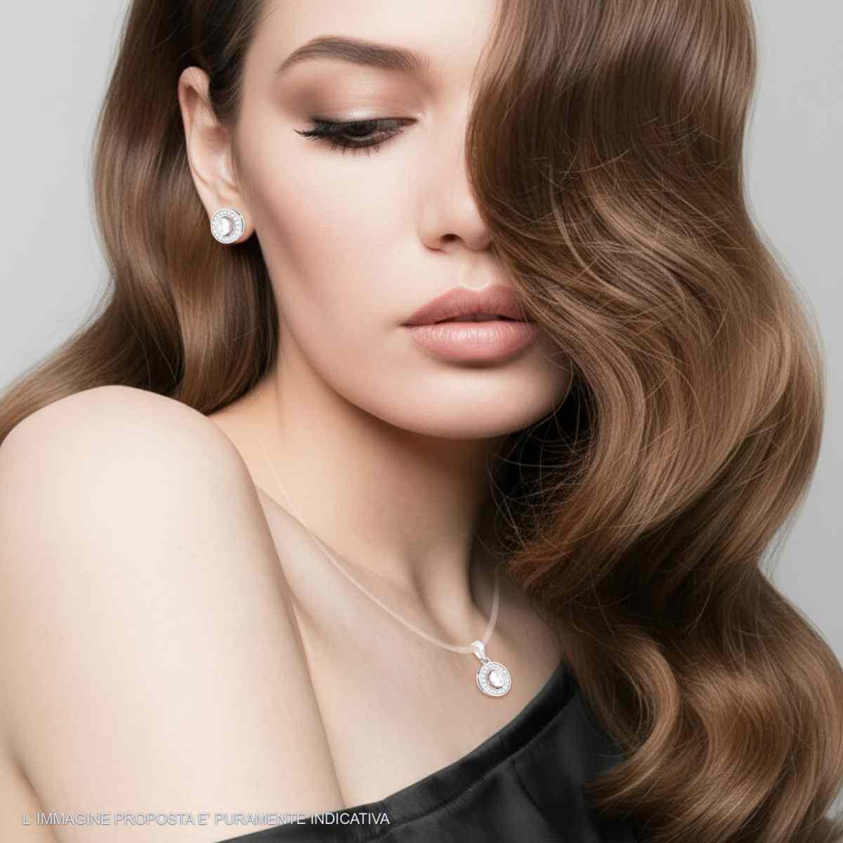 Parure Set Orecchini e Ciondolo Tondo Bianco contornato da Cubic Zirconia Bianchi in ARGENTO 925 Galvanica Rodio