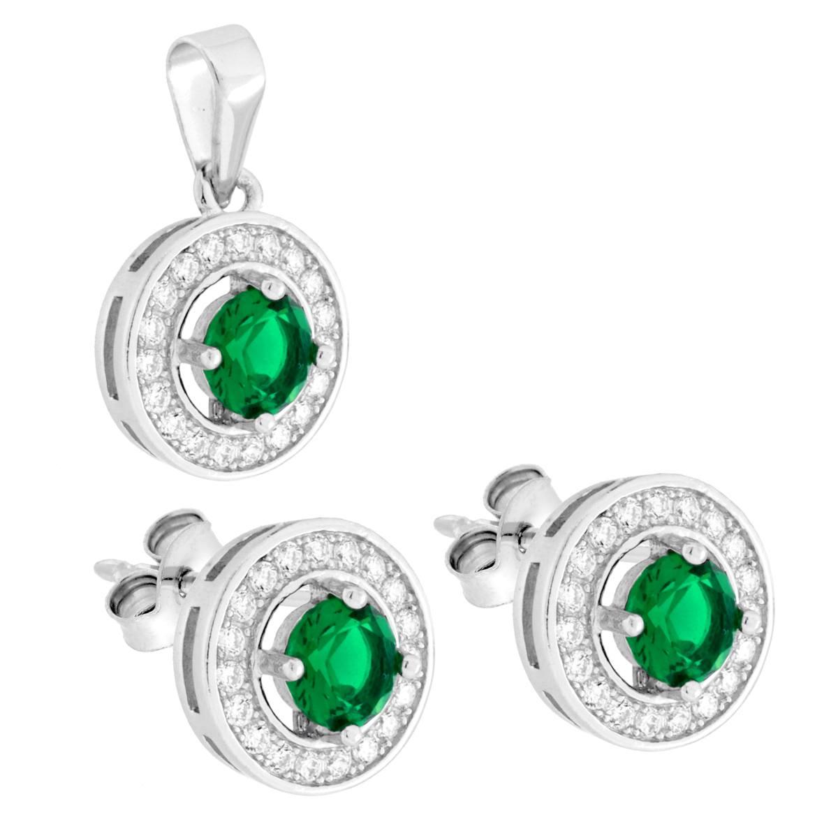 Parure Set Orecchini e Ciondolo Tondo Verde Smeraldo contornato con Cubic Zirconia Bianchi in ARGENTO 925 Galvanica Rodio