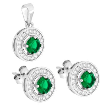 Parure Set Orecchini e Ciondolo Tondo Verde Smeraldo contornato con Cubic Zirconia Bianchi in ARGENTO 925 Galvanica Rodio