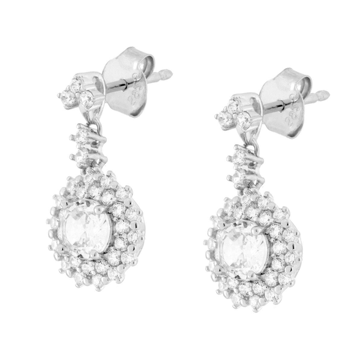 Parure Set Orecchini e Ciondolo Tondo Pendente Bianco contornato da Cubic Zirconia Bianchi in ARGENTO 925 Galvanica Rodio