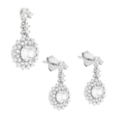 Parure Set Orecchini e Ciondolo Tondo Pendente Bianco contornato da Cubic Zirconia Bianchi in ARGENTO 925 Galvanica Rodio