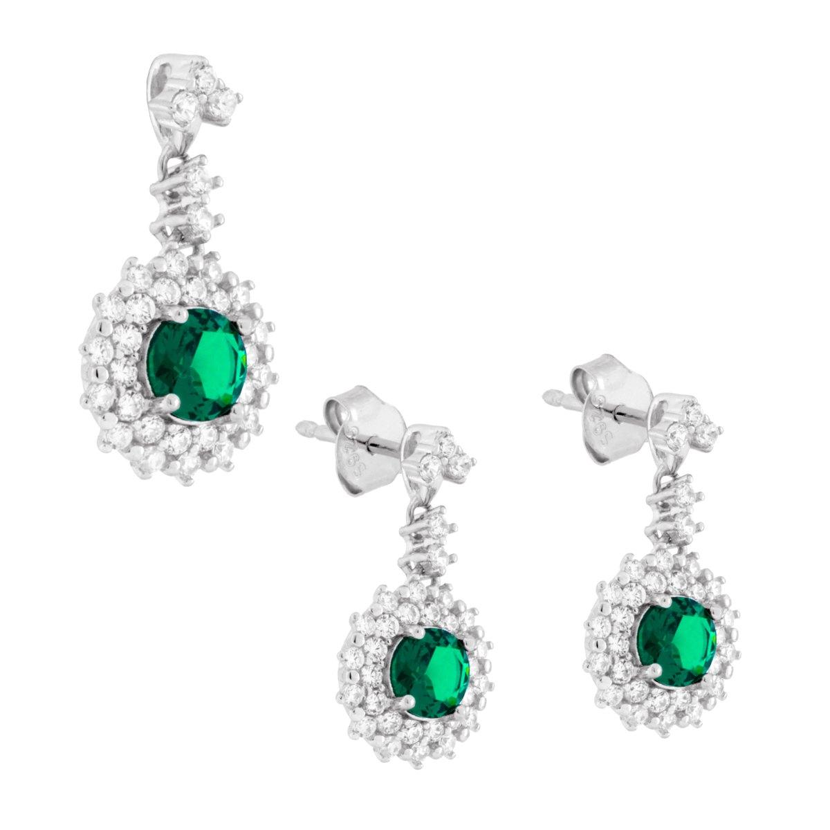 Parure Set Orecchini e Ciondolo Tondo Pendente Verde Smeraldo contornato da Cubic Zirconia Bianchi in ARGENTO 925 Galvanica Rodio