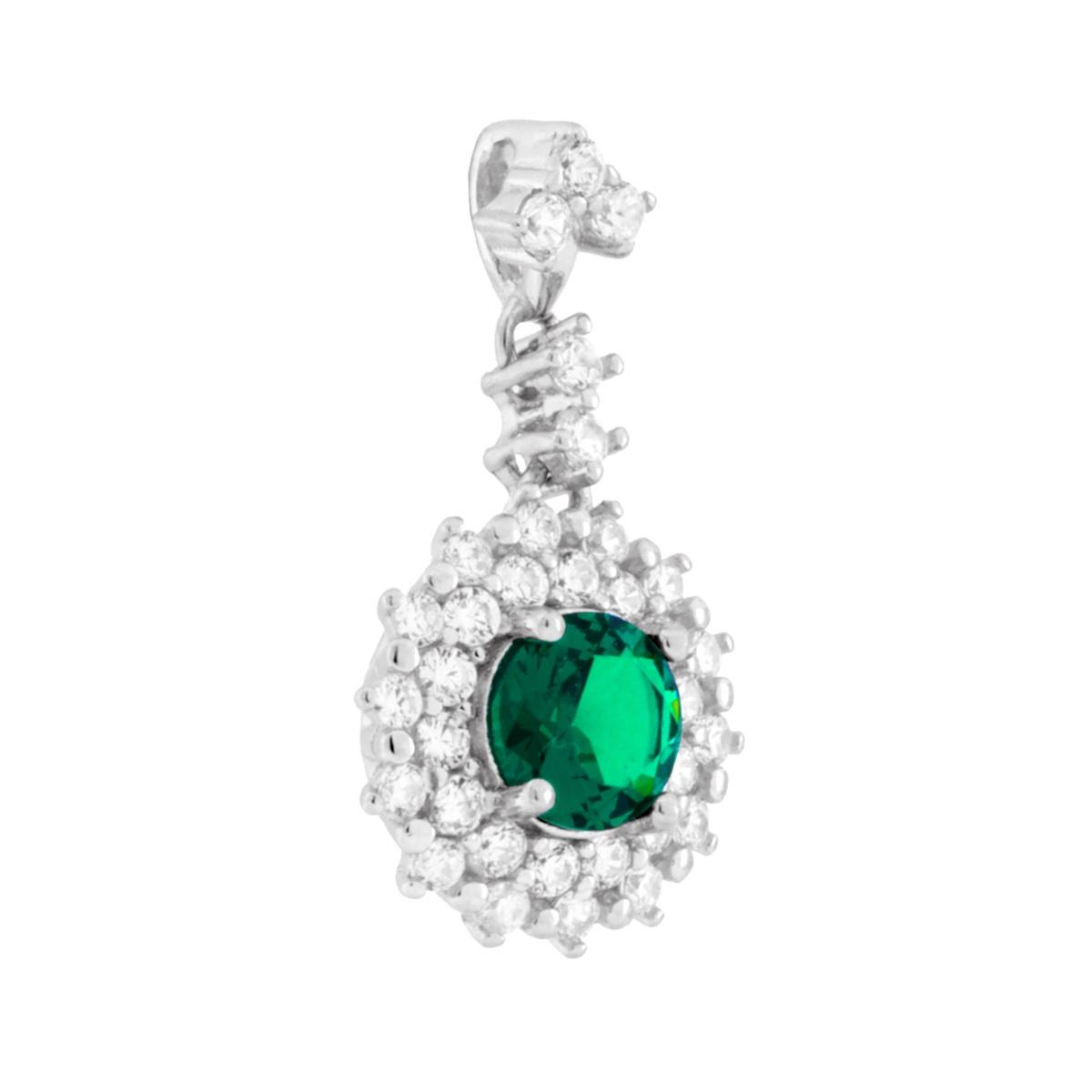 Parure Set Orecchini e Ciondolo Tondo Pendente Verde Smeraldo contornato da Cubic Zirconia Bianchi in ARGENTO 925 Galvanica Rodio