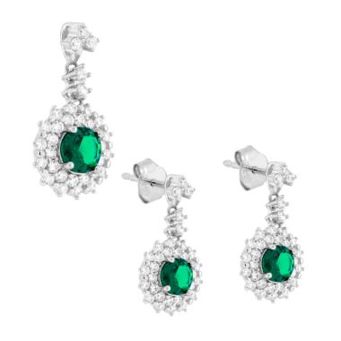 Parure Set Orecchini e Ciondolo Tondo Pendente Verde Smeraldo contornato da Cubic Zirconia Bianchi in ARGENTO 925 Galvanica Rodio