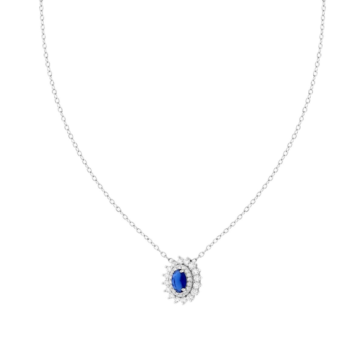 Parure Set Orecchini e Collana Catena Forzatina Diamantata con Ovale Blu Zaffiro contornato da due giri di Cubic Zirconia Bianchi in ARGENTO 925 Galvanica Rodio