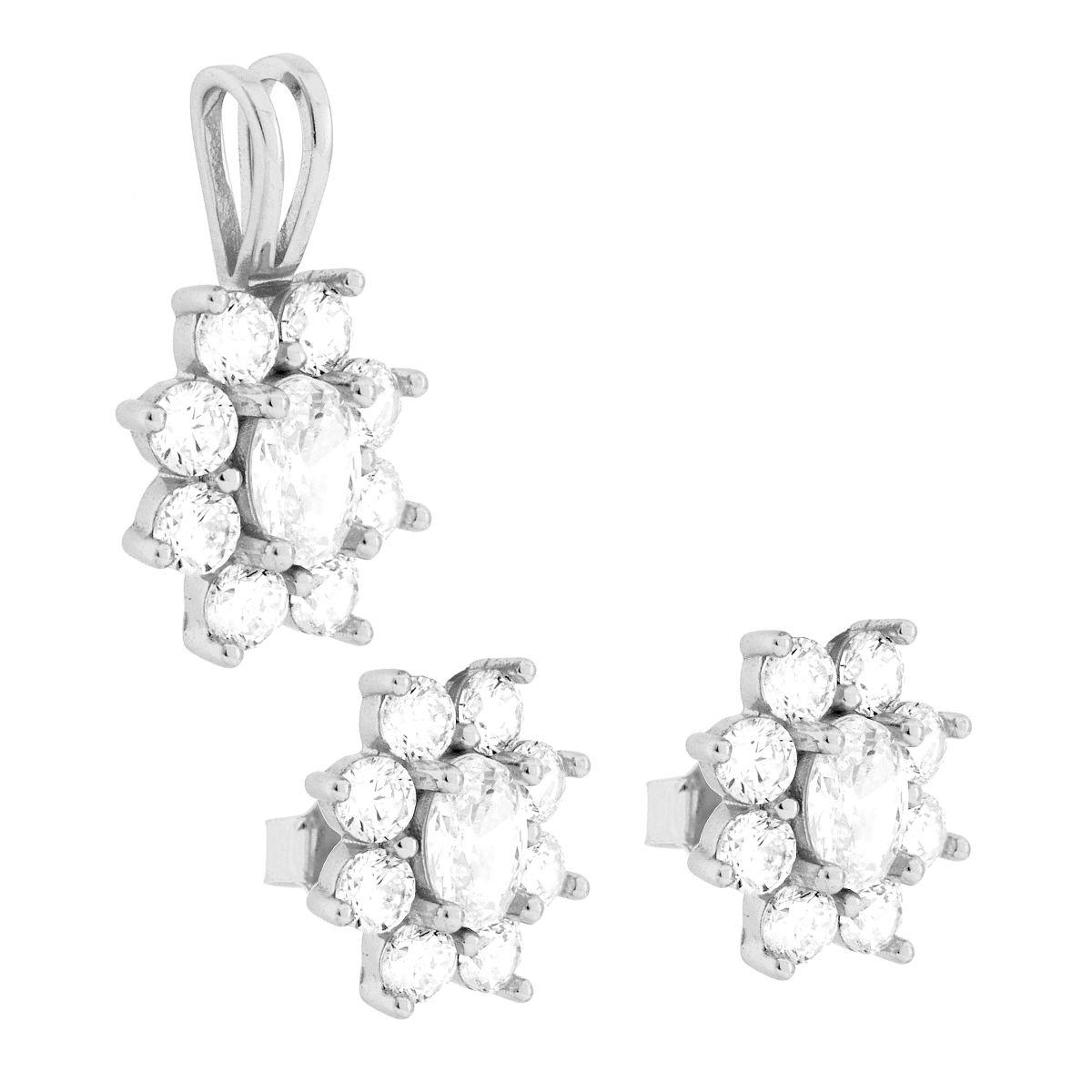Parure Set Orecchini e Ciondolo Fiore Bianco con Cubic Zirconia Bianchi in ARGENTO 925 Galvanica Rodio