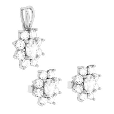 Parure Set Orecchini e Ciondolo Fiore Bianco con Cubic Zirconia Bianchi in ARGENTO 925 Galvanica Rodio