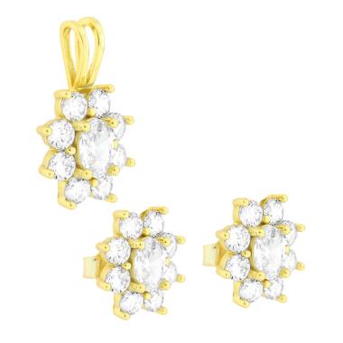 Parure Set Orecchini e Ciondolo Fiore Bianco con Cubic Zirconia Bianchi in ARGENTO 925 Galvanica Oro