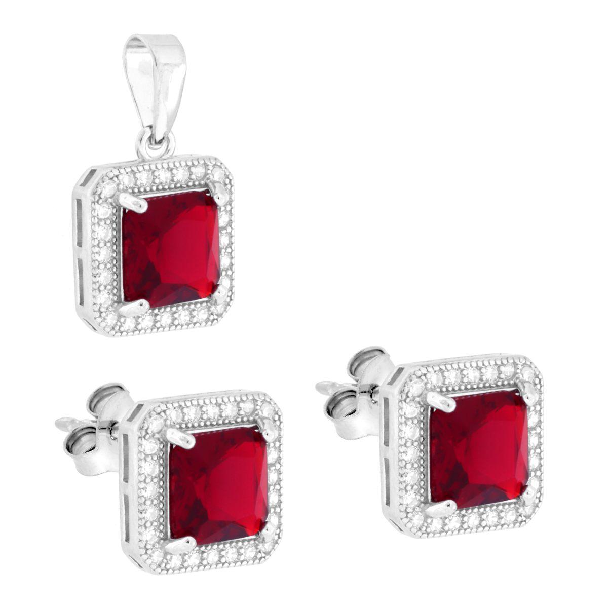 Parure Set Orecchini e Ciondolo Quadrato Rosso Rubino contornato da Cubic Zirconia Bianchi in ARGENTO 925 Galvanica Rodio