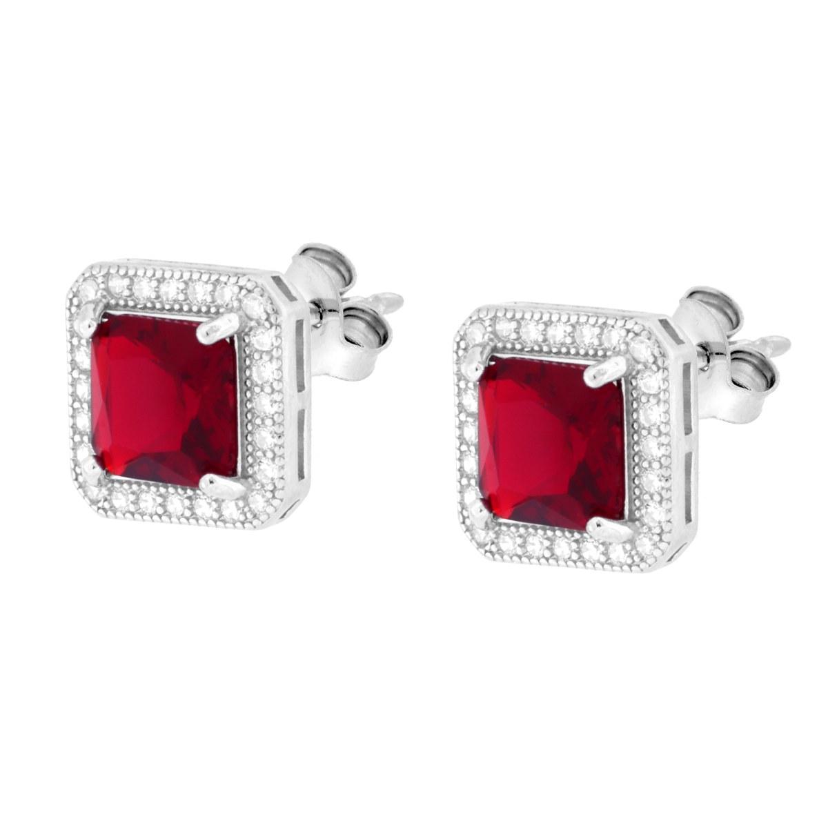 Parure Set Orecchini e Ciondolo Quadrato Rosso Rubino contornato da Cubic Zirconia Bianchi in ARGENTO 925 Galvanica Rodio