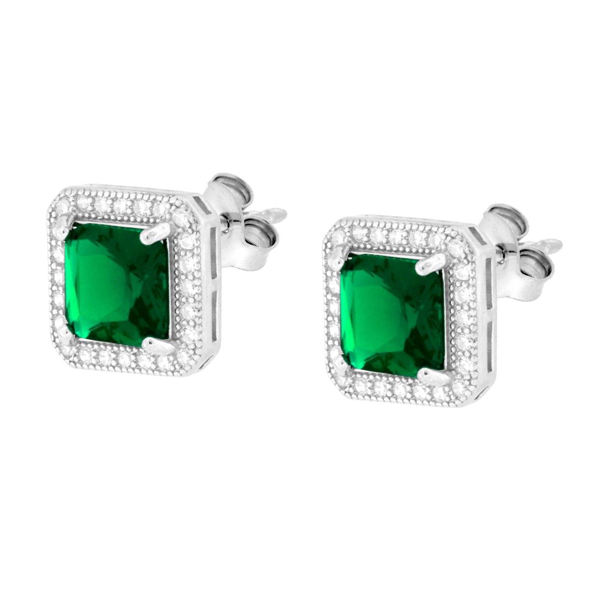 Parure Set Orecchini e Ciondolo Quadrato Verde Smeraldo contornato da Cubic Zirconia Bianchi in ARGENTO 925 Galvanica Rodio