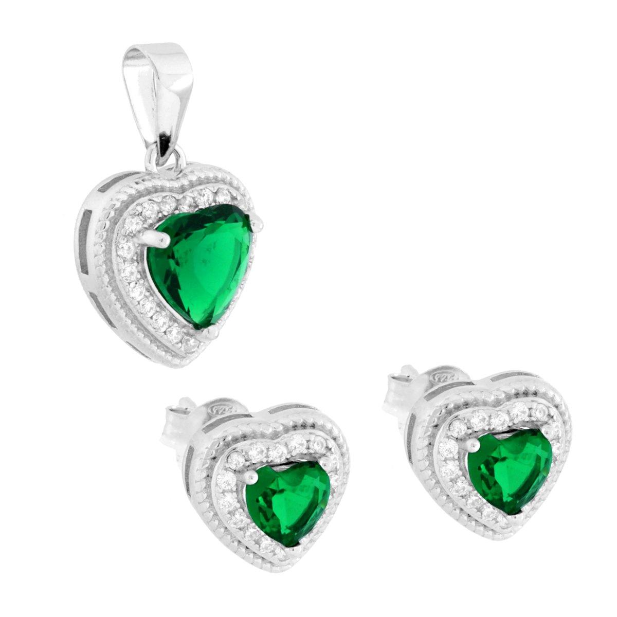 Parure Set Orecchini e Ciondolo Cuore Verde Smeraldo contornato da Cubic Zirconia Bianchi in ARGENTO 925 Galvanica Rodio