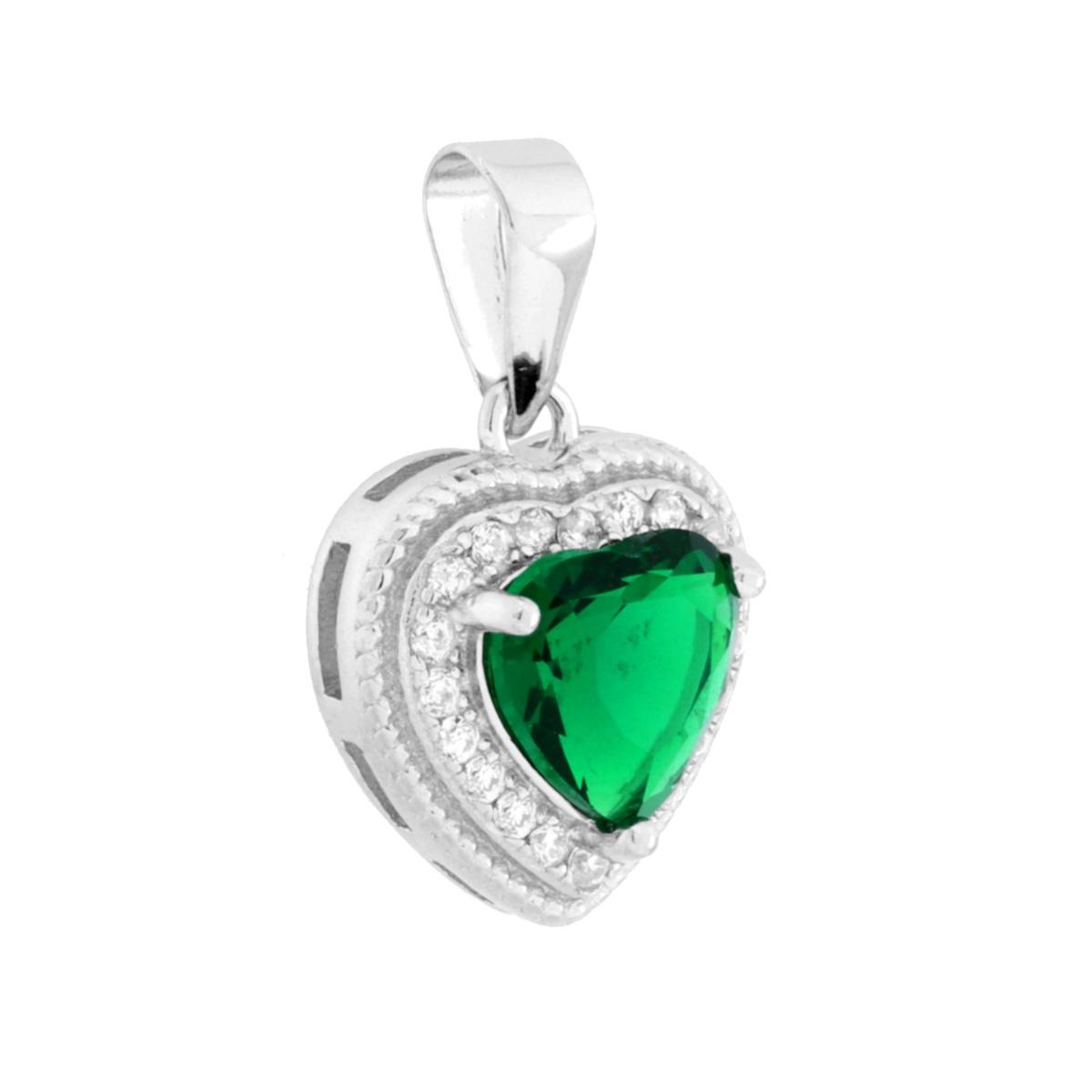 Parure Set Orecchini e Ciondolo Cuore Verde Smeraldo contornato da Cubic Zirconia Bianchi in ARGENTO 925 Galvanica Rodio