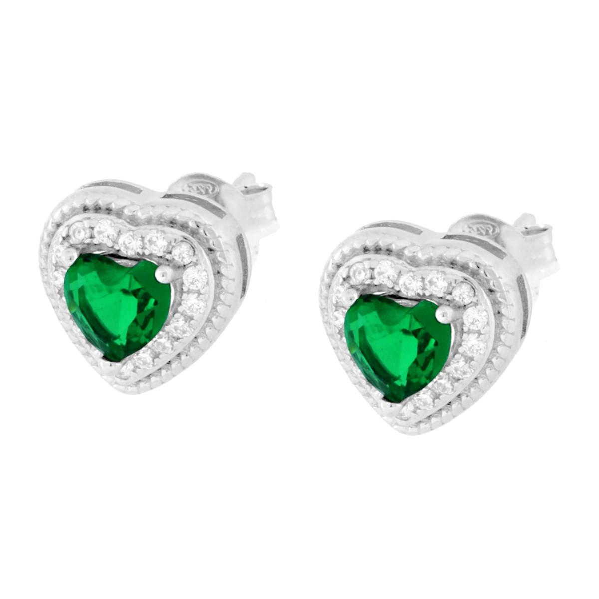 Parure Set Orecchini e Ciondolo Cuore Verde Smeraldo contornato da Cubic Zirconia Bianchi in ARGENTO 925 Galvanica Rodio