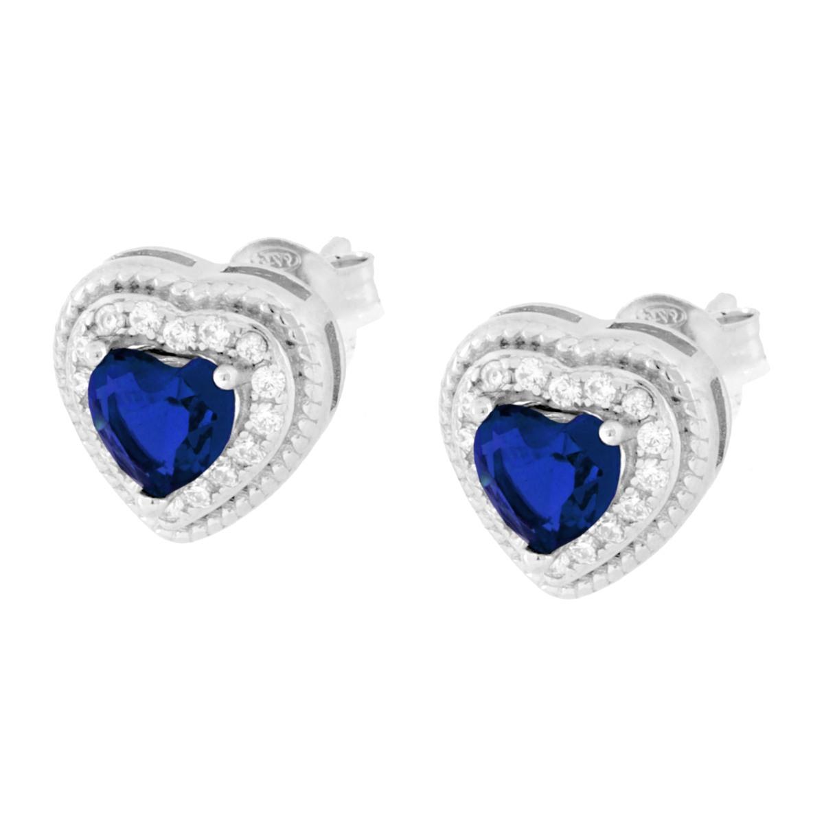 Parure Set Orecchini e Ciondolo Cuore Blu Zaffiro contornato da Cubic Zirconia Bianchi in ARGENTO 925 Galvanica Rodio