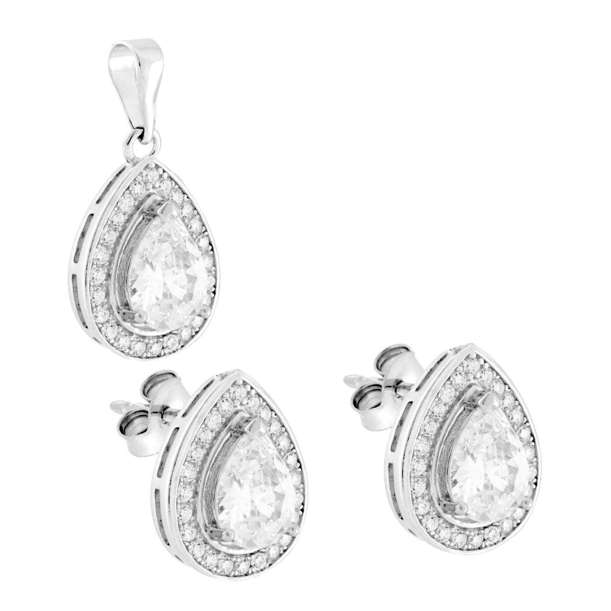 Parure Set Orecchini e Ciondolo Goccia Bianco contornato da Cubic Zirconia Bianchi in ARGENTO 925 Galvanica Rodio